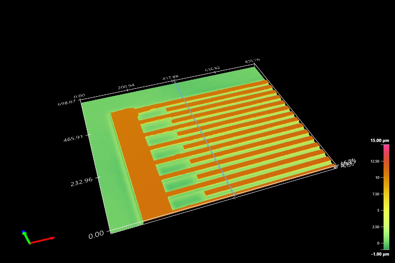 False-color 3D surface topography of a printed interdigitated micro-feature